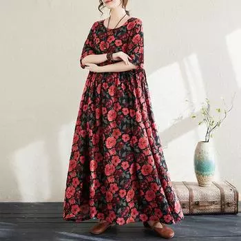 DIMANAF 2024, новое летнее длинное платье больших размеров, пляжное женское платье с круглым вырезом и цветочным принтом, праздничные модные повседневные свободные женские платья 659 One Size