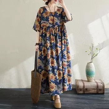 DIMANAF 2024, новое летнее длинное платье больших размеров, пляжное женское платье с круглым вырезом и цветочным принтом, праздничные модные повседневные свободные женские платья One Size