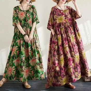 DIMANAF 2024, новое летнее длинное платье больших размеров, пляжное женское платье с круглым вырезом и цветочным принтом, праздничные модные повседневные свободные женские платья 658