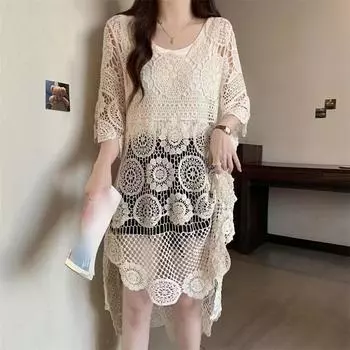 DIMANAF 2024 новое летнее длинное платье женская футболка базовые модные асимметричные кружевные футболки повседневные свободные белые футболки One Size бежевый