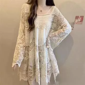 DIMANAF 2024 новое летнее длинное платье женская футболка базовые модные топы кружевные футболки повседневные свободные белые футболки