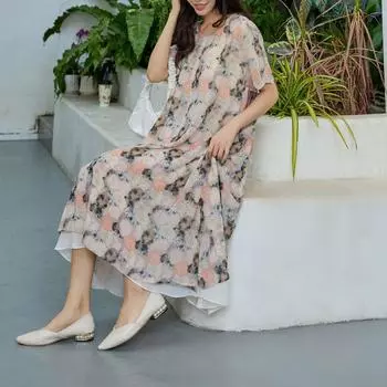 DIMANAF 2024 Новое летнее платье больших размеров. Платье женское с принтом, богемное шифоновое повседневное платье, платье с цветочным принтом, свободные пляжные повседневные платья с круглым вырезом, синее женское One Size