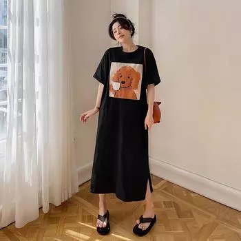 DIMANAF 2024, новое летнее платье-футболка больших размеров, женское хлопковое платье, повседневное свободное платье с короткими рукавами и длинным разрезом с принтом