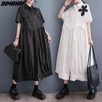 DIMANAF 2024, новое летнее платье-рубашка на пуговицах больших размеров, женские повседневные однотонные черные женские длинные свободные платья с цветочным принтом