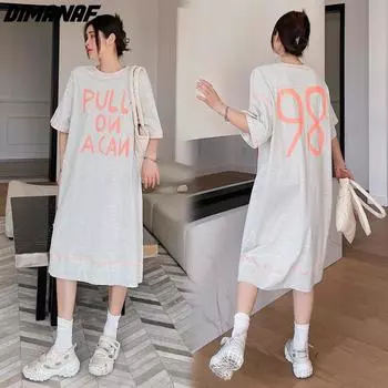 DIMANAF 2024, новое летнее платье-рубашка больших размеров, женское хлопковое платье, повседневное свободное длинное платье с короткими рукавами и круглым вырезом с принтом