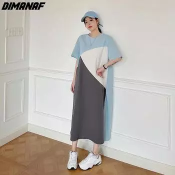 DIMANAF 2024 Новое летнее платье-рубашка больших размеров женское хлопковое платье с круглым вырезом повседневное свободное платье с короткими рукавами и длинными рукавами