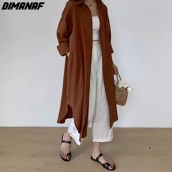 DIMANAF 2024 новое летнее платье-рубашка женское платье больших размеров кардиган льняное однотонное платье элегантная женская повседневная свободная одежда больших размеров L чёрный