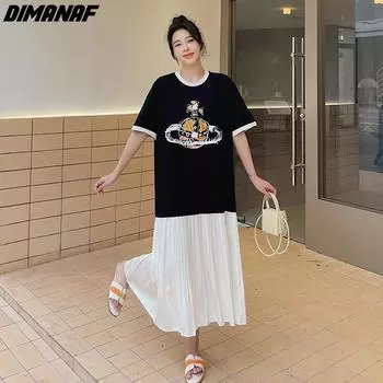 DIMANAF 2024 Новое летнее пляжное платье больших размеров женское хлопковое шифоновое платье с принтом модное повседневное свободное длинное платье с короткими рукавами