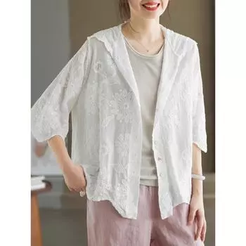 DIMANAF 2024 Новое летнее женское кружевное пальто с коротким рукавом, шляпа, базовые модные топы, кружевные футболки, повседневные свободные белые футболки One Size белый