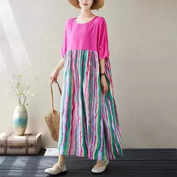 DIMANAF 2024 новое платье больших размеров, летнее женское свободное платье с коротким рукавом, пляжная мода, полосатый базовый новый большой размер с круглым вырезом One Size розовый
