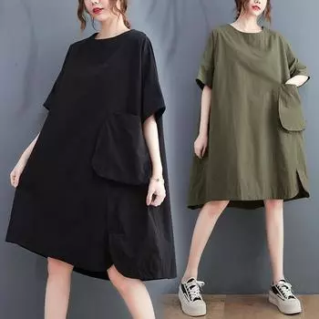 DIMANAF 2024 Новое платье больших размеров Летнее женское свободное однотонное пляжное базовое хлопковое повседневное платье-футболка большого размера с карманами One Size чёрный