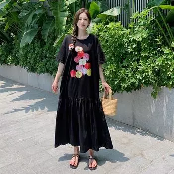 Dimanaf 2024 Новое платье больших размеров, летнее женское свободное платье с коротким рукавом и праздничным узором, повседневное черное платье-футболка
