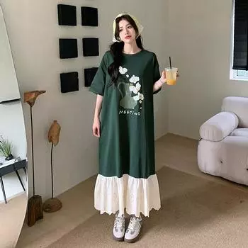 Dimanaf 2024 Новое платье больших размеров, летнее женское свободное пляжное платье с коротким рукавом, повседневное платье-футболка с цветочным принтом