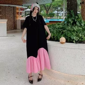 Dimanaf 2024 Новое платье больших размеров, летнее женское свободное плиссированное однотонное повседневное платье-футболка с короткими рукавами
