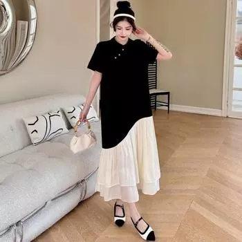 Dimanaf 2024 Новое платье больших размеров, летнее повседневное женское свободное платье с коротким рукавом, однотонное черное длинное платье-футболка