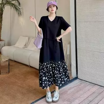 DIMANAF 2024 Новое платье больших размеров, летнее повседневное женское платье с цветочным принтом, свободное хлопковое длинное платье-футболка с короткими рукавами