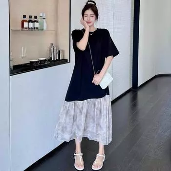 Dimanaf 2024 Новое платье больших размеров, летнее повседневное женское свободное шифоновое длинное платье-футболка с короткими рукавами