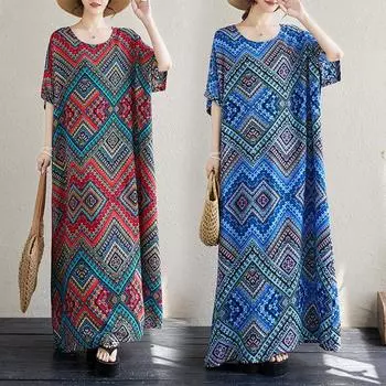 Dimanaf 2024 Новое платье больших размеров, новое летнее свободное женское винтажное платье с круглым вырезом и коротким рукавом, базовое пляжное длинное платье большого размера