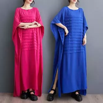 Dimanaf 2024 Новое платье больших размеров, летнее женское свободное платье с рукавами «летучая мышь», однотонное пляжное платье с круглым вырезом, базовое новое, большого размера