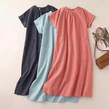 DIMANAF 2024 Новое платье больших размеров, летнее женское свободное пляжное платье с короткими рукавами и круглым вырезом, базовое однотонное хлопковое льняное платье