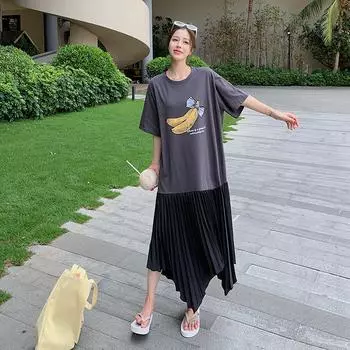 Dimanaf 2024 Новое платье больших размеров, летнее женское свободное платье с короткими рукавами и плиссированным узором, повседневное платье-футболка с принтом
