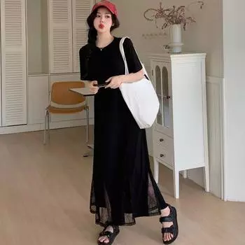 Dimanaf 2024 Новое платье больших размеров, летнее повседневное женское свободное платье с коротким рукавом, кружевное черное длинное платье-футболка