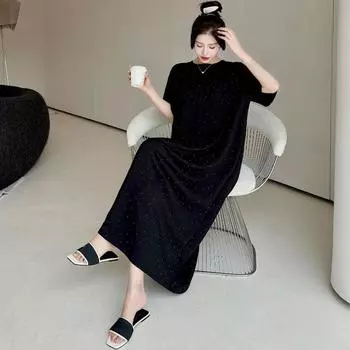 Dimanaf 2024 Новое платье больших размеров, летнее повседневное женское свободное платье с коротким рукавом, однотонное черное длинное платье-футболка