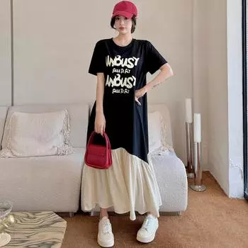 Dimanaf 2024 Новое платье больших размеров, летнее повседневное женское платье с буквенным принтом, свободная футболка с коротким рукавом, хлопковое платье