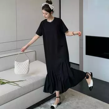 DIMANAF 2024 Новое платье больших размеров, летнее однотонное повседневное женское свободное платье с коротким рукавом, черное длинное платье-футболка