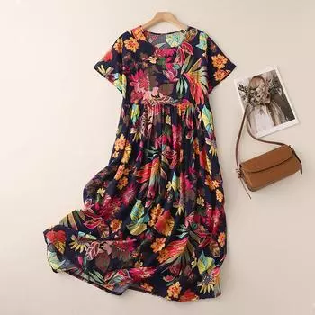 Dimanaf 2024 Новое платье больших размеров, летнее женское свободное пляжное платье с коротким рукавом и цветочным принтом, с круглым вырезом, базовое богемное платье