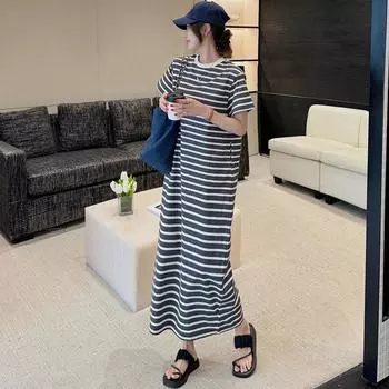 Dimanaf 2024 Новое платье больших размеров, летнее полосатое повседневное женское свободное хлопковое длинное платье-футболка с коротким рукавом