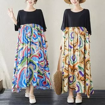 Dimanaf 2024 Новое платье больших размеров, летнее женское свободное платье с коротким рукавом, пляжная мода с принтом и круглым вырезом, базовое новое, большого размера