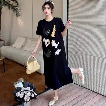 Dimanaf 2024 Новое платье больших размеров, летнее повседневное женское платье с рисунком и принтом, свободное хлопковое длинное платье-футболка с коротким рукавом