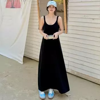 Dimanaf 2024 Новое платье больших размеров, летнее однотонное повседневное женское свободное черное хлопковое длинное платье-футболка без рукавов