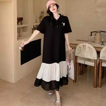 DIMANAF 2024 Новое платье больших размеров, летнее повседневное женское свободное платье с коротким рукавом и цветочным принтом, черная длинная футболка, платье