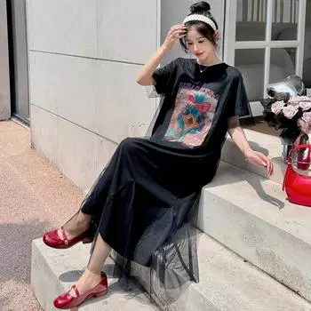 DIMANAF 2024 Новое платье больших размеров, летнее кружевное повседневное женское платье с мультяшным рисунком и принтом, свободное платье-футболка с короткими рукавами