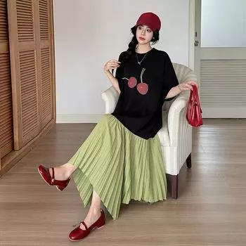 DIMANAF 2024 Новое платье больших размеров, летнее женское свободное пляжное платье с коротким рукавом, базовое милое повседневное платье-футболка с милым принтом