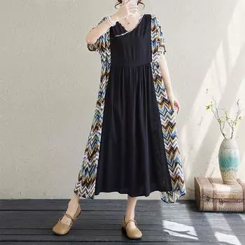 Dimanaf 2024 Новое платье больших размеров, летнее женское платье с v-образным вырезом, свободное с короткими рукавами, базовое длинное новое платье большого размера с принтом