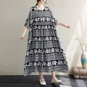 Dimanaf 2024 Новое платье больших размеров, летнее женское свободное платье с коротким рукавом и коротким рукавом, новое длинное платье с принтом большого размера