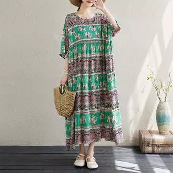 Dimanaf 2024 Новое платье больших размеров, новое летнее свободное женское винтажное платье с круглым вырезом и коротким рукавом, базовое длинное платье большого размера с принтом