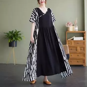 Dimanaf 2024 Новое платье больших размеров, новое летнее свободное женское платье с v-образным вырезом и короткими рукавами, базовое длинное платье большого размера с принтом