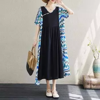 Dimanaf 2024 Новое платье больших размеров, летнее женское свободное платье с v-образным вырезом и коротким рукавом, базовое новое длинное платье большого размера