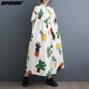 DIMANAF 2024 Новое платье-рубашка больших размеров на весну и лето, женское свободное платье, хлопковое модное повседневное длинное платье с принтом