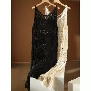 DIMANAF 2024 Новое платье женское трикотажное кружевное длинное открытое сексуальное жилет с круглым вырезом открытое летнее платье топы футболки свободные базовые черные One Size бежевый