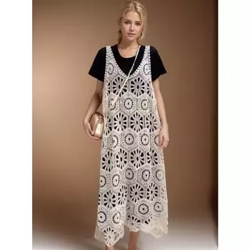 DIMANAF 2024 новое платье женское вязаное кружево длинный ажурный сексуальный жилет с круглым вырезом полые летние стильные топы футболки свободные базовые One Size