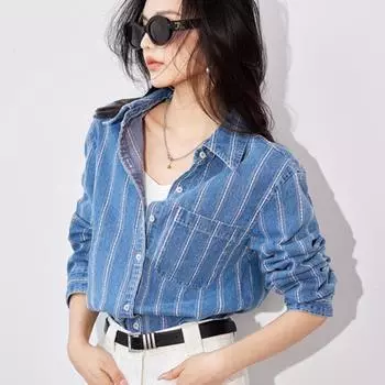 DIMANAF 2024 Новое женское джинсовое пальто Осеннее повседневное винтажное полосатое длинное свободное пальто на пуговицах синего цвета One Size синий