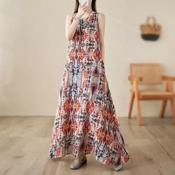 DIMANAF 2024 новое женское летнее платье женское длинное платье без рукавов льняная одежда с цветочным принтом M розовый