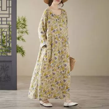 Dimanaf 2024 Новое женское осеннее платье больших размеров Длинное платье с длинным рукавом Винтажная одежда с цветочным принтом XL жёлтый