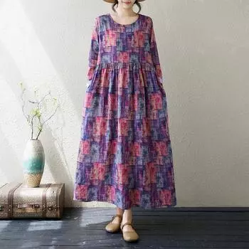 Dimanaf 2024 Новое женское осеннее платье больших размеров Длинное платье с длинным рукавом и принтом О-образным вырезом Винтажная одежда Платье-рубашка XL фиолетовый