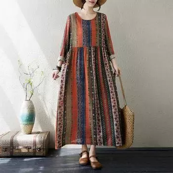 Dimanaf 2024 Новое женское осеннее платье больших размеров с круглым вырезом, длинное платье с длинным рукавом, винтажная полосатая одежда с принтом XL оранжевый